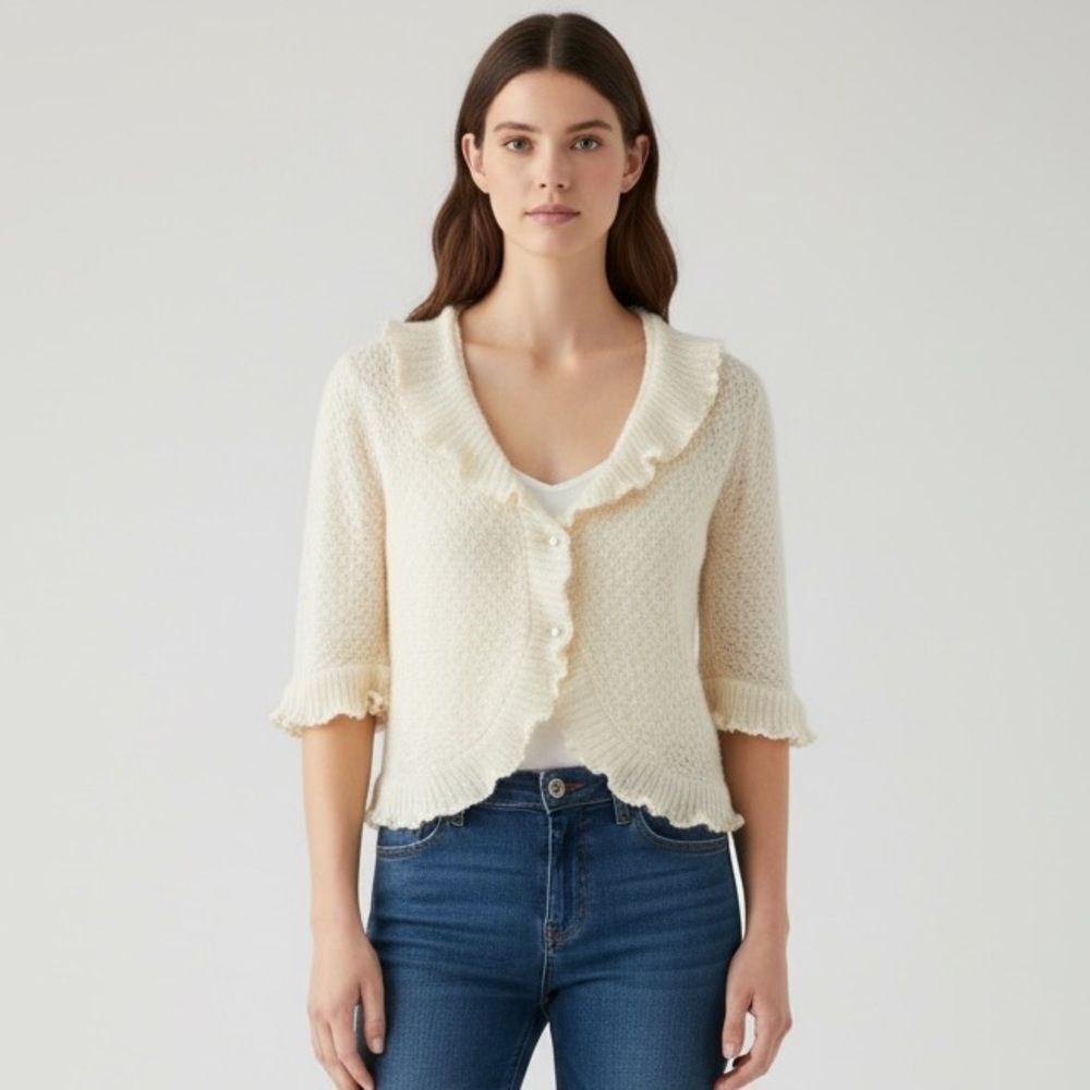 Lord & Taylor vintage Cream Ruffle Ribbon-Trim Knit Cardigan pearl buttons